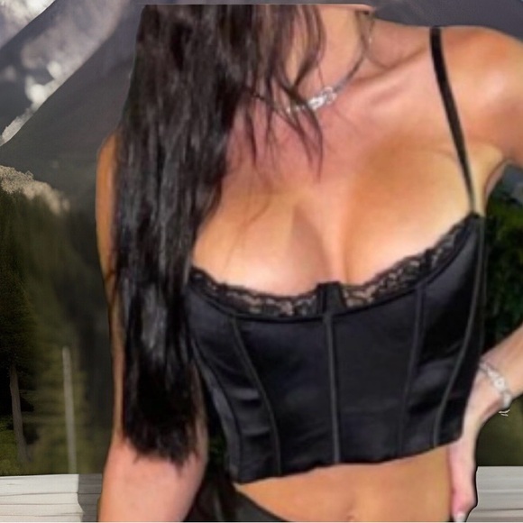 Eyelash Lace Built N Boning Zipper On Side Black Camisole Bustier Crop Corset - Picture 2 of 11